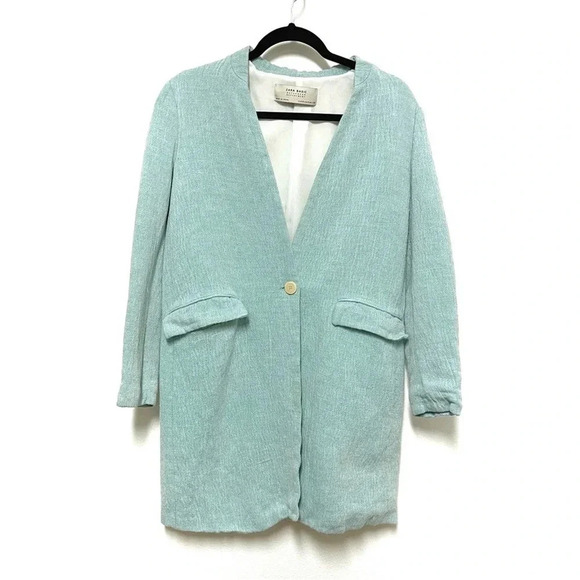 ZARA Linen Long-Line Collarless Oversized Blazer - Business Casual Spring - Picture 1 of 4